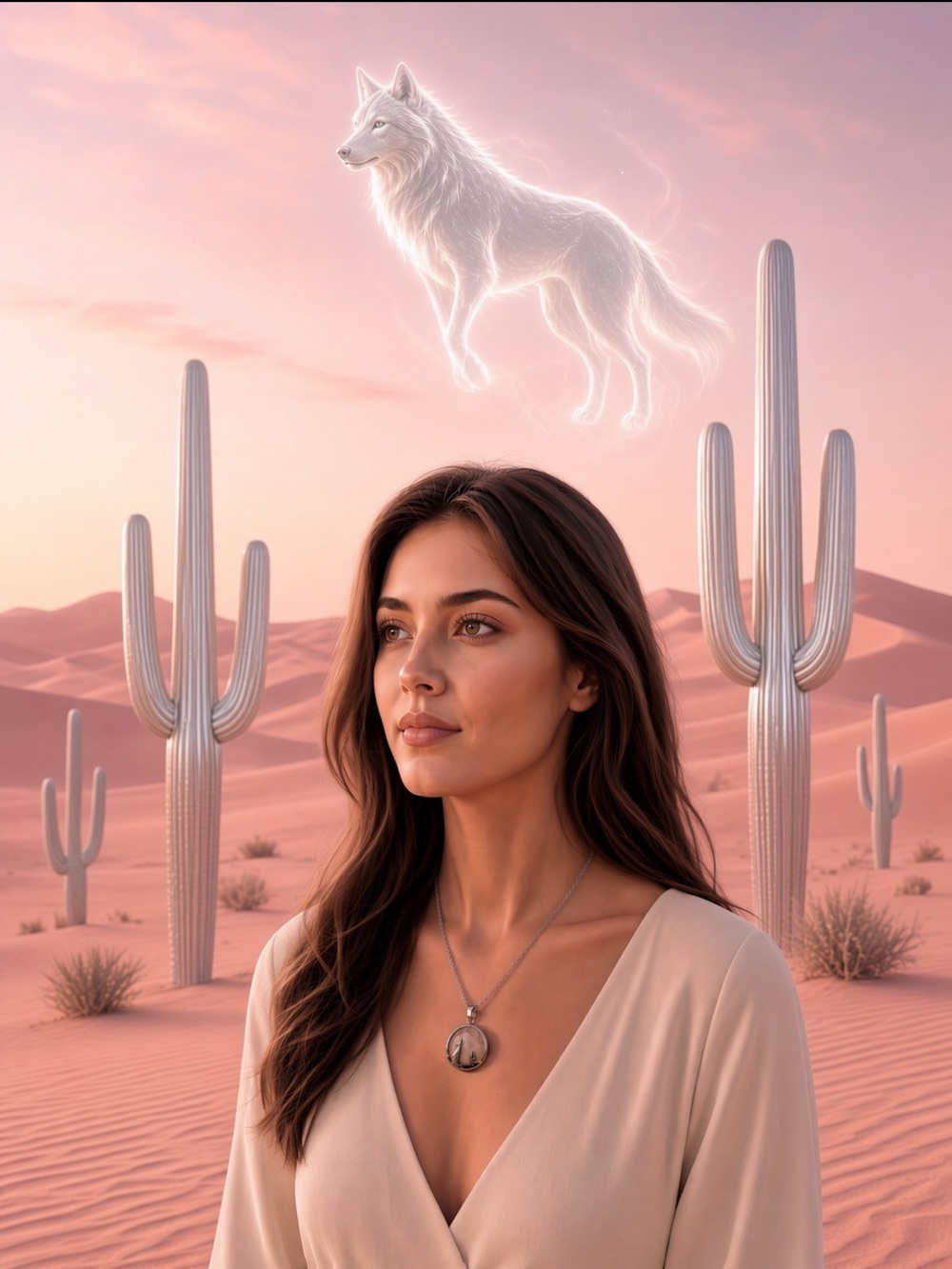 Rose Quartz Wolf & Cactus Soft Pink Circular Necklace